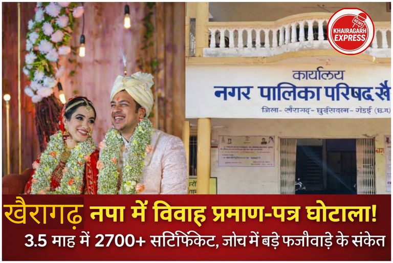 खैरागढ़ नपा में विवाह प्रमाण-पत्र घोटाला! 3.5 माह में 2700+ सर्टिफिकेट, जांच में बड़े फर्जीवाड़े के संकेत
